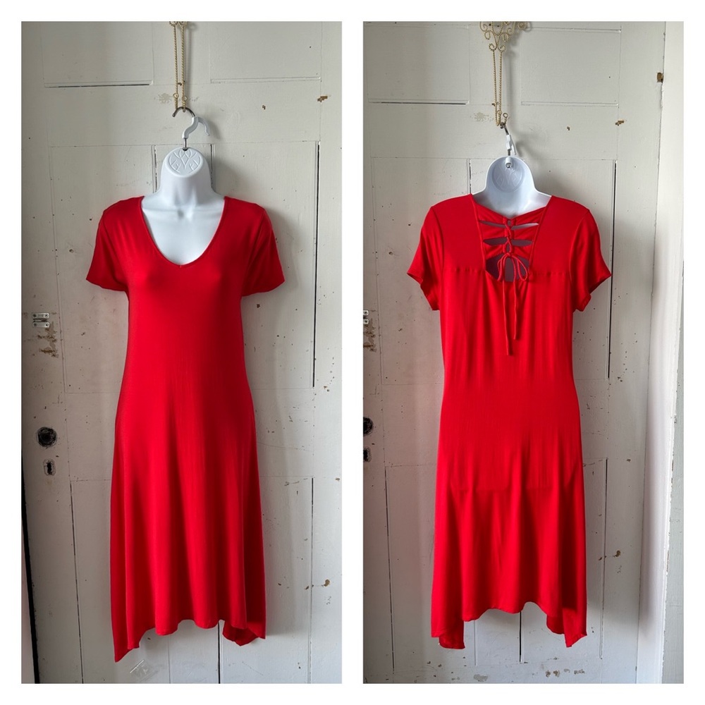 Chico's Laced up Red Stretch Knit Dress Handkerchief Hem